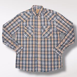 Men’s Western Plaid Snap Button Shirt Blue Orange Medium